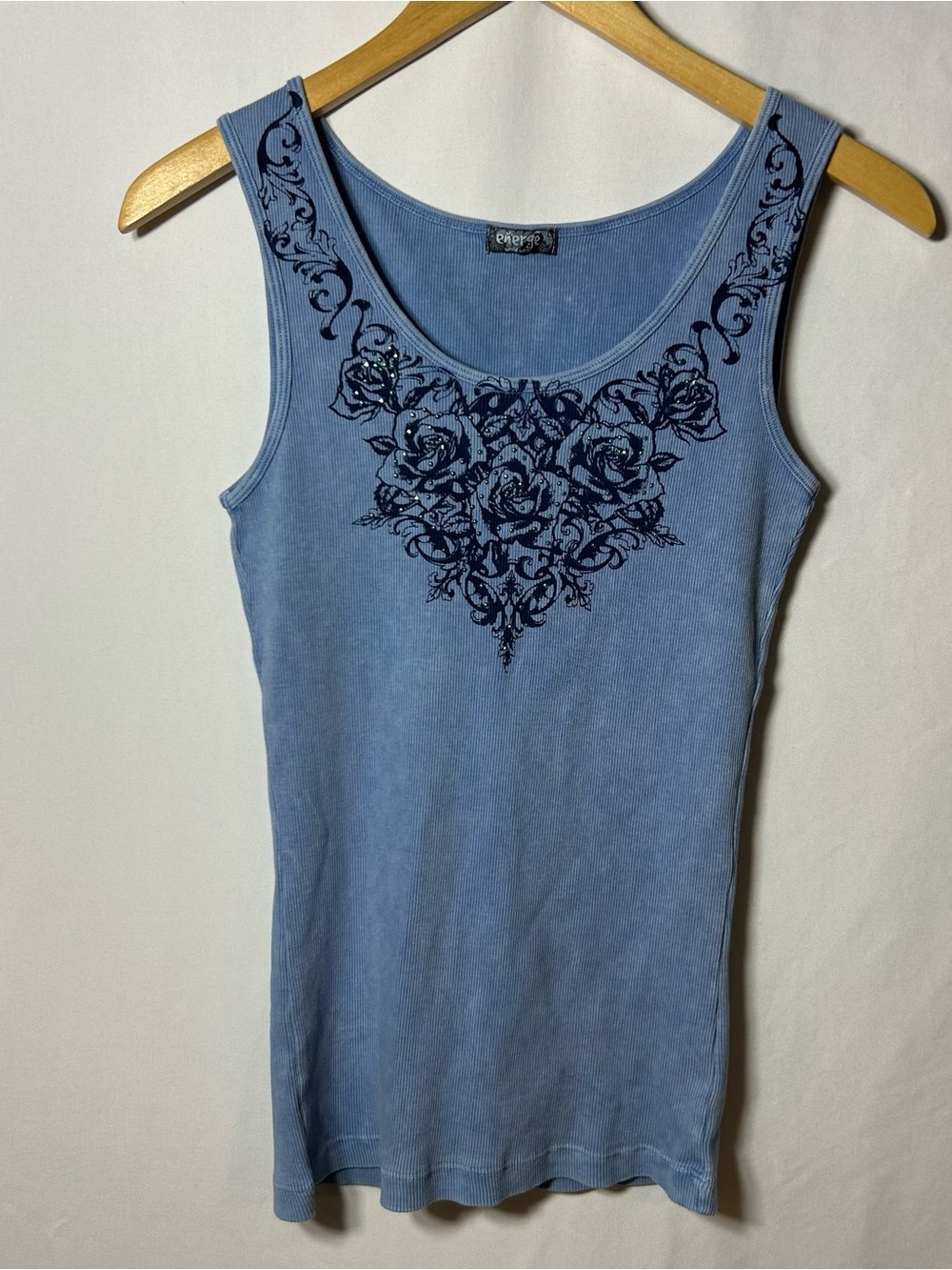 Energe Y2K Blue Blingy Tank Top Ribbed size Large runs small Fitted
